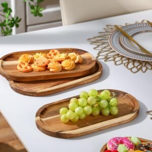4 Pcs Acacia Wooden Serving Tray Oval Shaped Rustic Wood Plates Large Decorative Natural Tray Serving Platter for Food Charcuterie Cheese Dish Bread Fruit Kitchen(11 x 6 Inch)