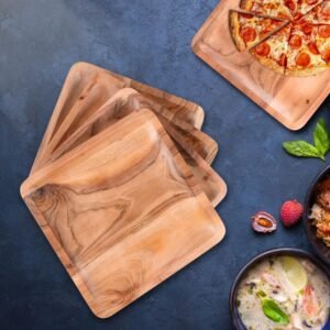 Acacia Wood Charger Plates - Square Appetizer Plates, Centerpiece Tableware, Service Plates for Salad, Sandwiches, Burgers, Dinner, Lunch, Weddings, Catering - Set of 4, 10 Inch, Natural