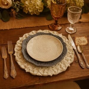 Wholesale White Charger Plates Set of 12 13 Inch Rustic French Country Acrylic Charger Plates for Table Settings, Farmhouse Dinner Decor, Vintage Wedding Reception & Holiday Party Place Settings