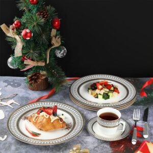 Porcelain Plates,Ceramic Dinner Plates Set of 4,Plate Set for 4 Dinning Kitchen,Golden Thread Pattern Steak Salad Plate Set for Home Restaurant Utensils,10.5" Large,White and Gold