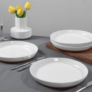 4 Piece Stoneware Plate Sets, White Ceramic Dinner Plates, 10 Inch Modern Porcelain Serving Plates, Scratch Resistant, Microwave&Dishwasher Safe,White(Brown Bottom)
