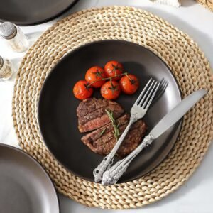 Dinner Plates Set of 4, 10 Inch Ceramic Plates - Stoneware Dinnerware Set for Pancakes, Scratch Resistant Black Plates, Microwave Oven and Dishwasher Safe for Steak, Noodle, Kitchen