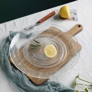 6 Pack 10 Inch Large Glass Dinner Plate, Clear Round Serving Plate Vintage Embossed Dinnerware for Salad, Pasta, Fruits