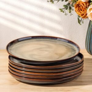 Dinner Plates Set of 6, 10.5 Inch Ceramic Dinner Plates, Stoneware Dinnerware for Kitchen, Oven & Microwave & Dishwasher Safe, Brown