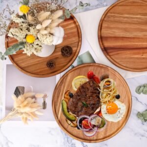 4 PCS 11 Inch Round Wooden Plates, 11 Inch Acacia Wood Dinner Plates, Unbreakable Classic Design, Round Serving Wooden Plate for Food, Excellent Addition to Your Kitchen & Dining