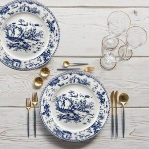 Classic French Luxury Round Dinner Plates | 10.5 Inches Colorful Ceramic Flat Plates – Set of 6| Large Serving Plates for Party | Dishes for Appetizer, Salad, Desert, Steak (Blue)