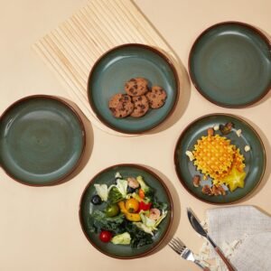 Stoneware Dessert Pates 8 Inch, Microwave Safe Plates, Reactive Glaze Small Dinner Plate, Scratch Resistant and Dishwasher Safe, Brown Green