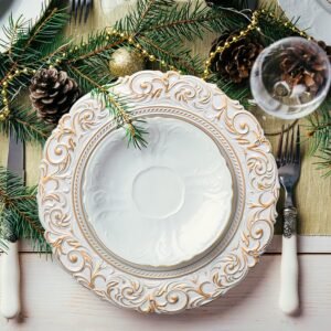 Antique White Charger Plates,13" White Round Charger Plates, Set of 8 Vintage Embossed Plastic Table Chargers,Elegant Gold Dinner Plate Chargers Bulk, for Wedding Party Christmas Thanksgiving